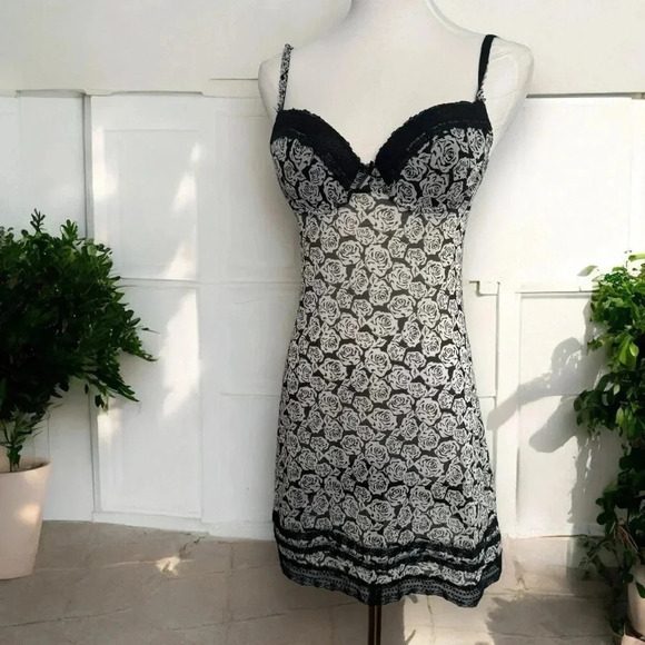 Y2K Black and White Floral  Lace Slip Dress Goth Whimsy Fairycore Sheer S - Picture 1 of 7